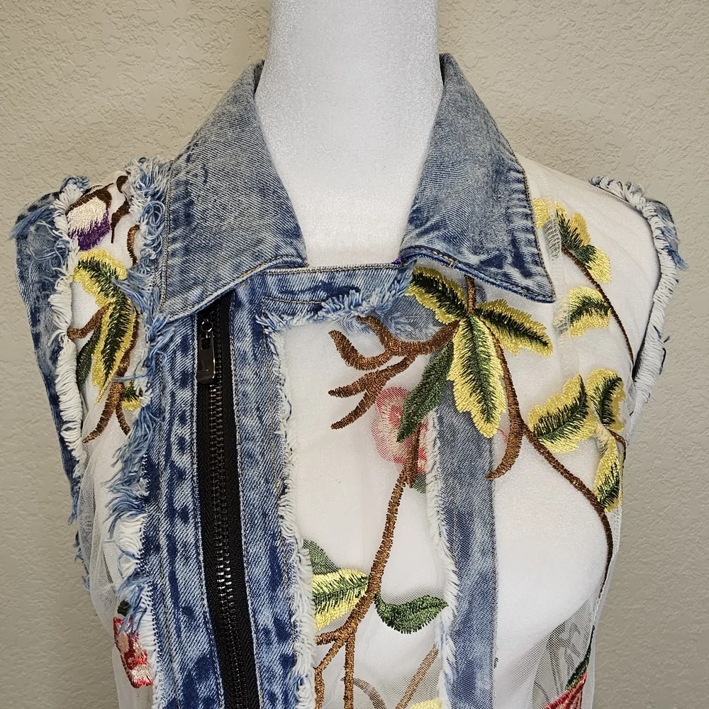 Adore Floral Embroidered Sheer Denim Vest - Picture 4 of 16